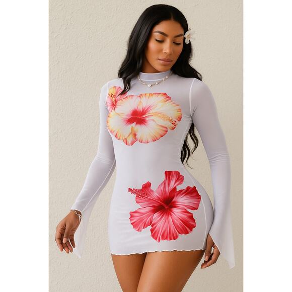 New‎ Medium White Pink Beach Coverup Mesh Dress Hibiscus Vacation Summer Swim - Picture 1 of 5